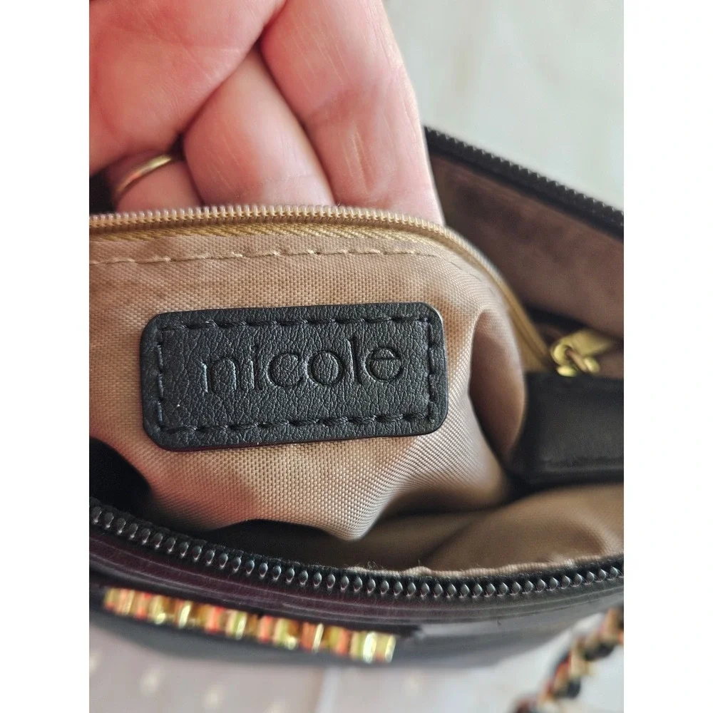 Nicole Miller Black Faux Leather‎ Crossbody Bag Floral Embroidery Chain Strap